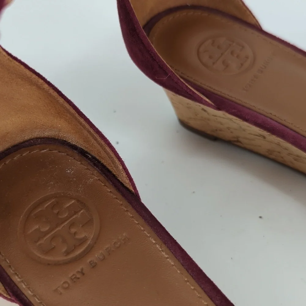 Tory Burch Savannah Suede Cork Wedge Purple 8.5 open toe summer preppy casual